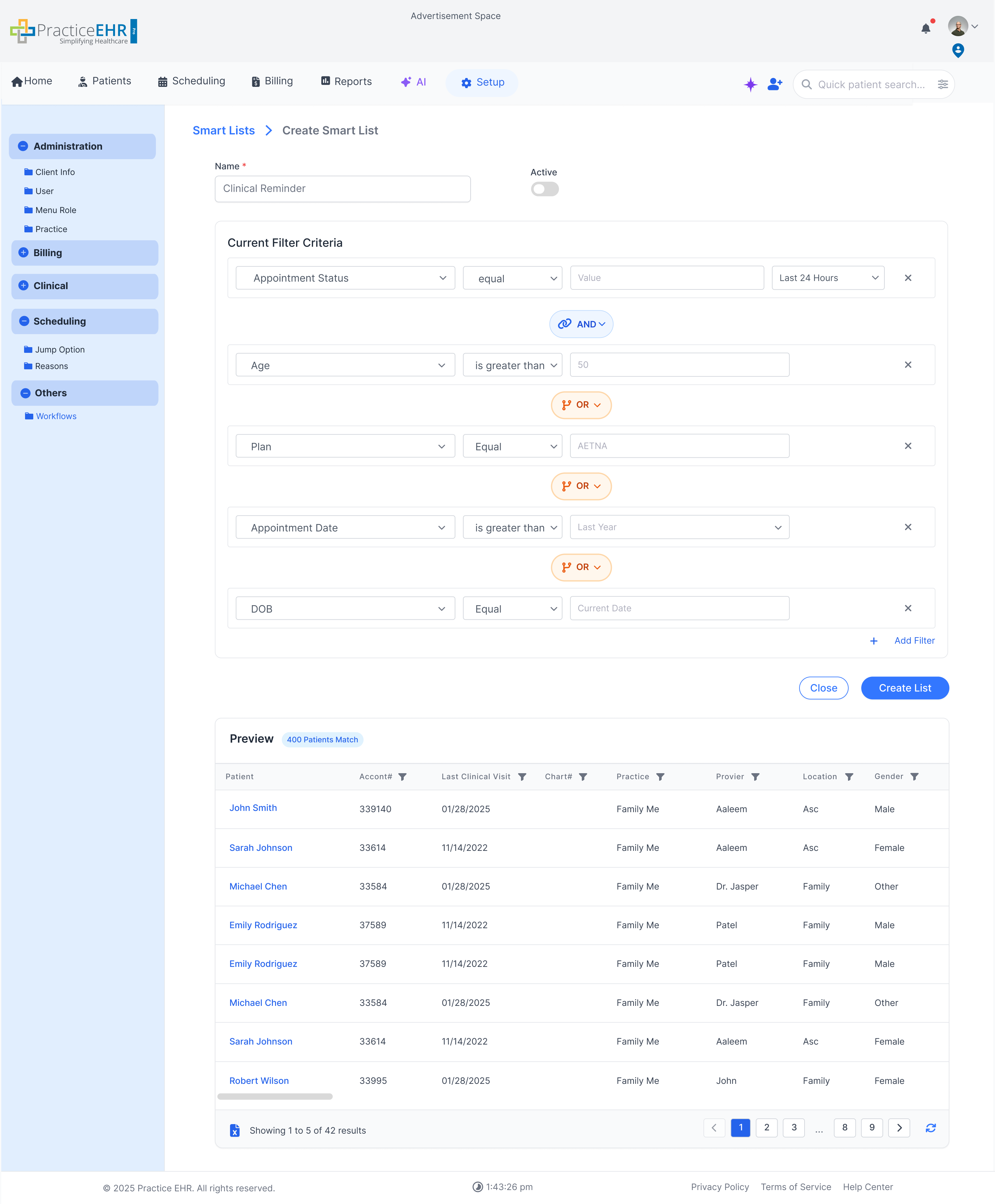 Create Smart List modal